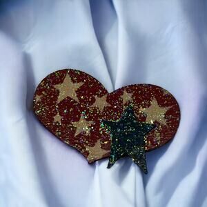 Rustic Metal Heart Pin Red Glitter Stars Patriotic Americana 2" Brooch